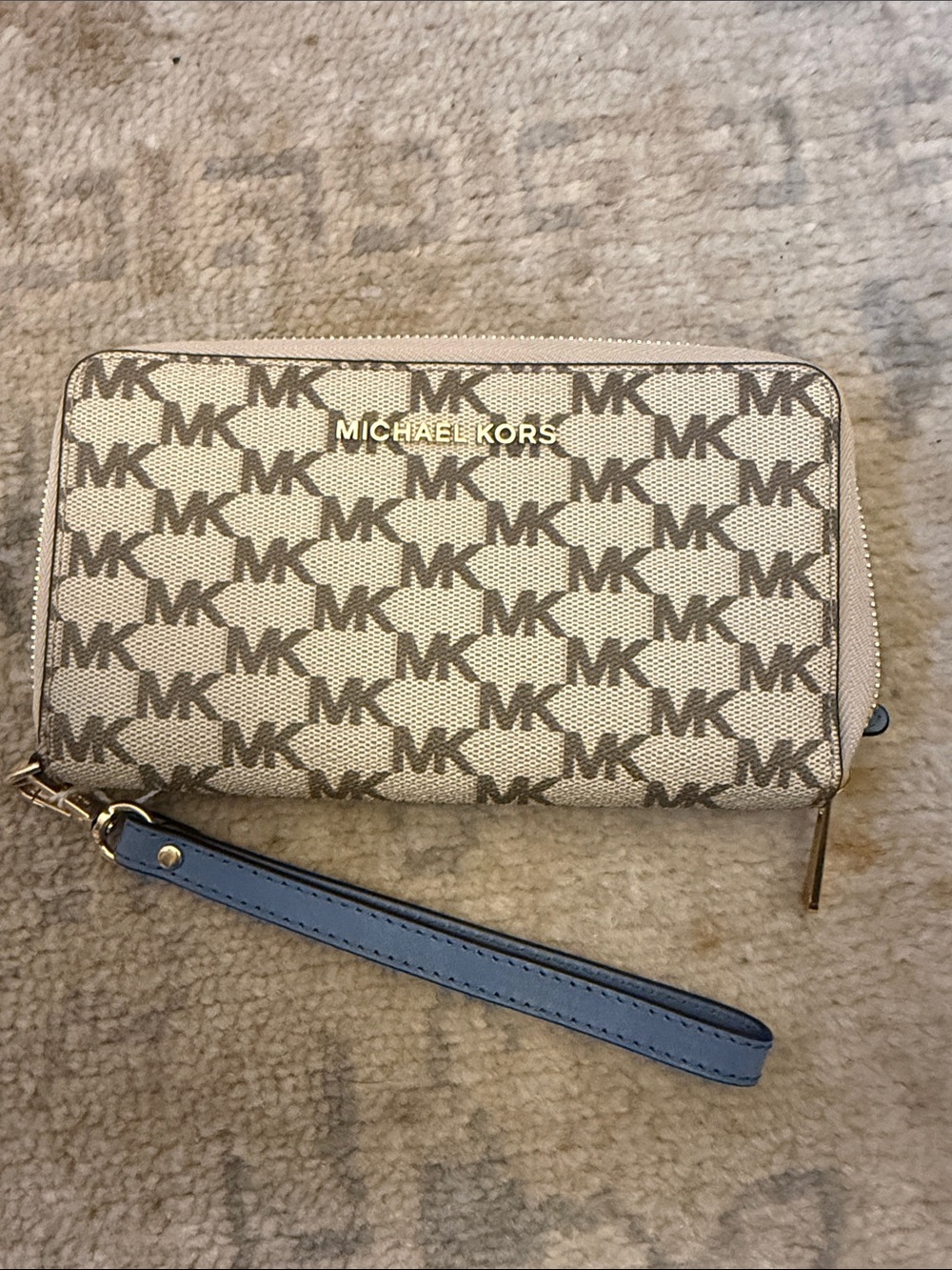Michael Kors Beige Signature MK Zip Wristlet with Blue Strap
